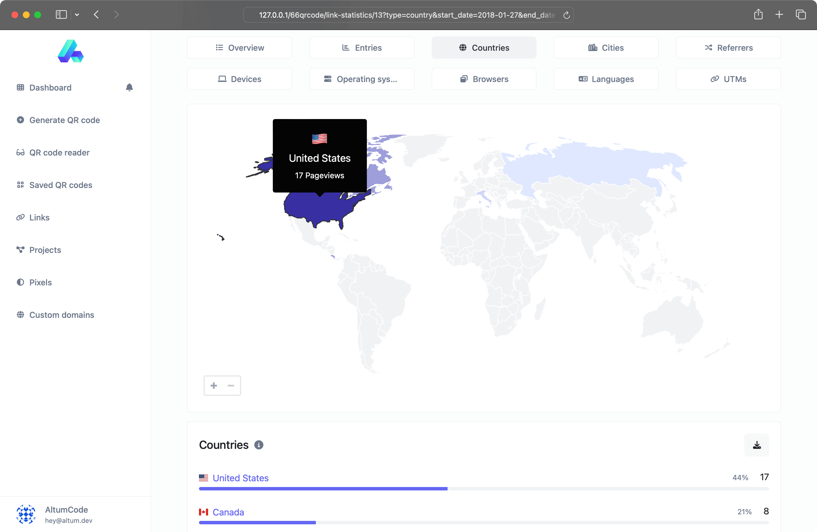 Captura de pantalla de la página de análisis del código QR
